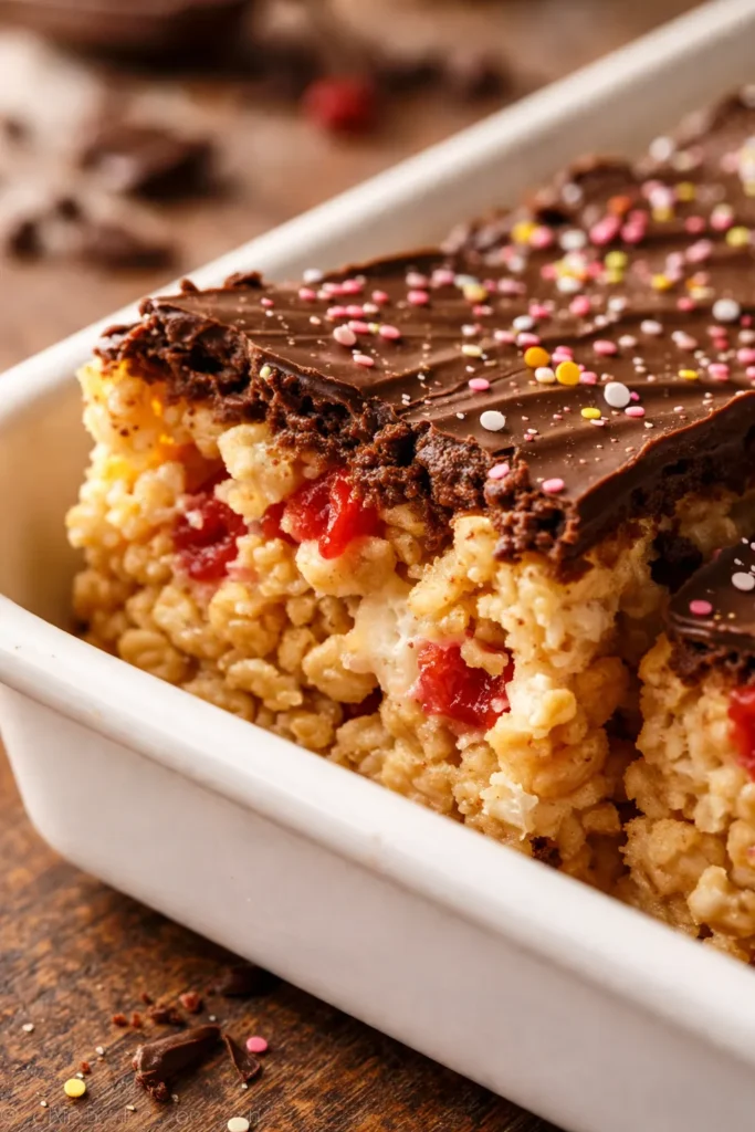 Cherry Rice Krispie Treats topped with glossy dark chocolate, showing bright red and pink speckles from cherry gelatin, with a chewy texture