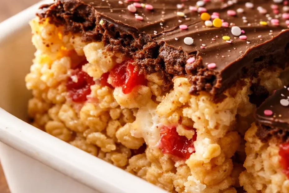 Cherry Rice Krispie Treats topped with glossy dark chocolate, showing bright red and pink speckles from cherry gelatin, with a chewy texture