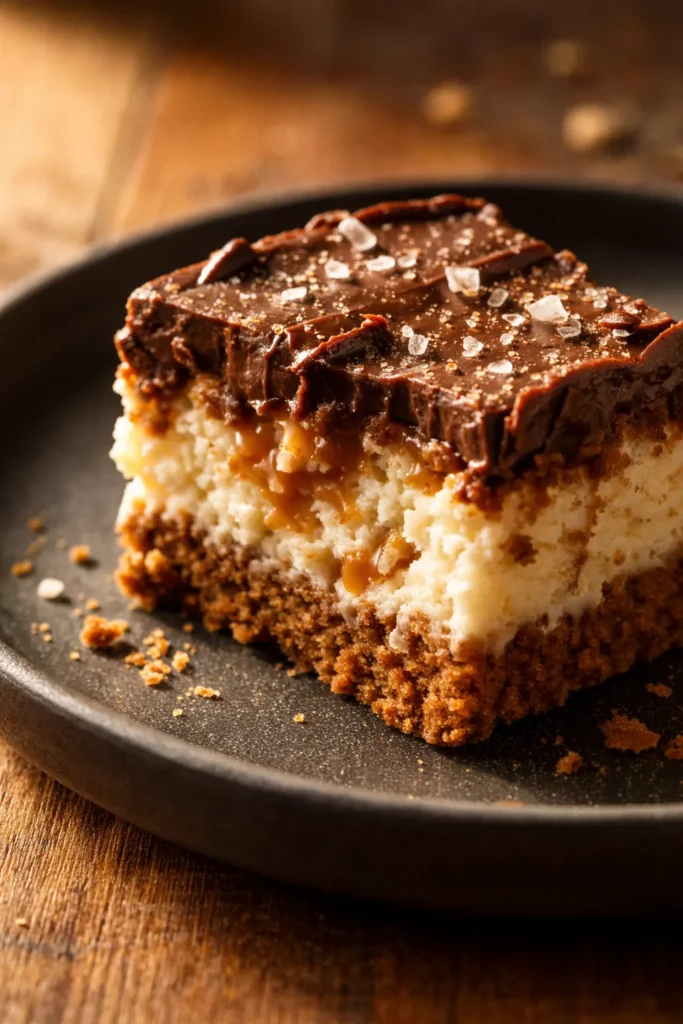 Decadent chocolate caramel cheesecake bites on a festive platter, creamy vanilla cheesecake with caramel drizzle and chocolate ganache