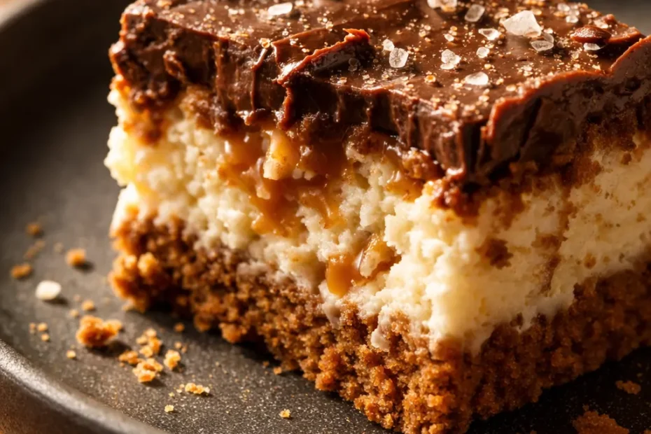 Decadent chocolate caramel cheesecake bites on a festive platter, creamy vanilla cheesecake with caramel drizzle and chocolate ganache