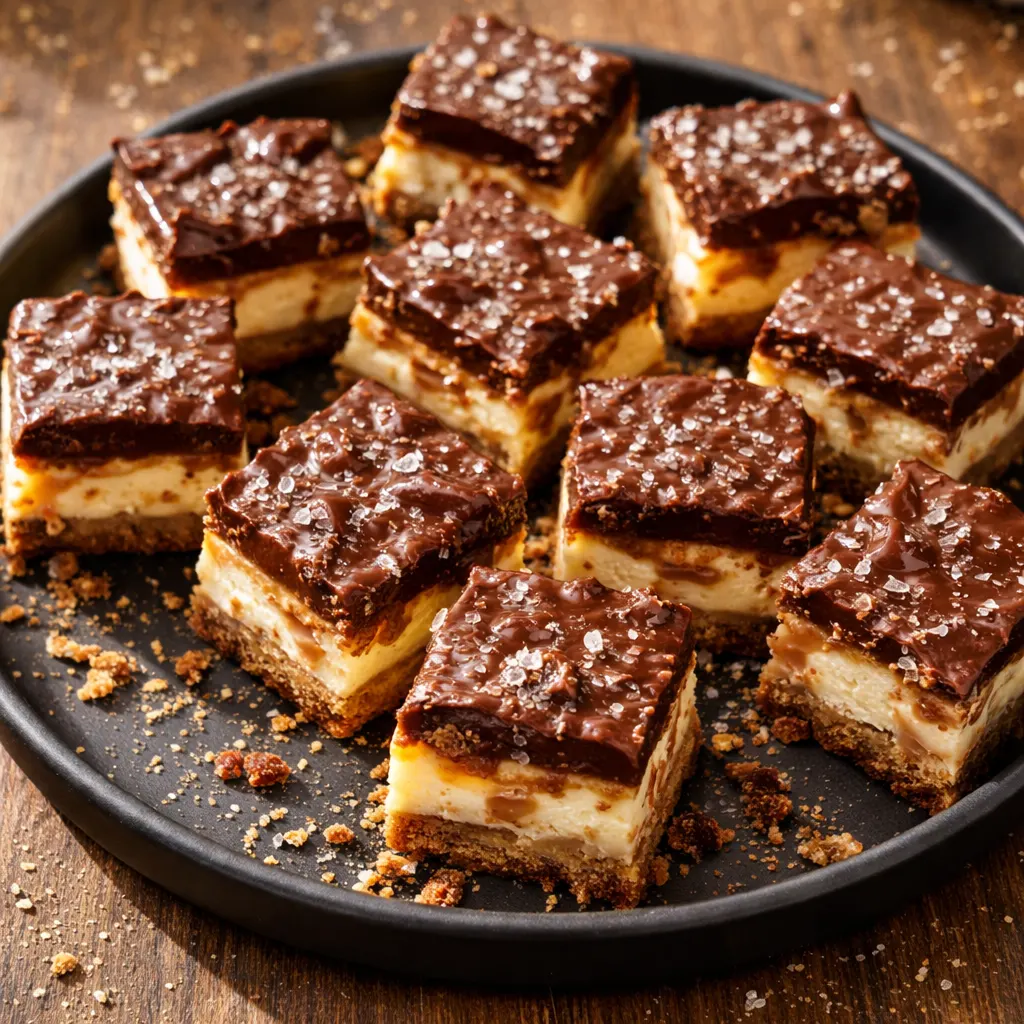 Drizzling warm caramel sauce over mini chocolate caramel cheesecake bites on a white platter, showing creamy filling and golden caramel streaks
