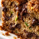 Moist chocolate chip zucchini bread slice on a plate, showing tender crumb and melted chocolate chips