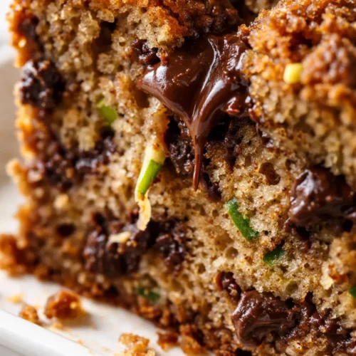 Moist chocolate chip zucchini bread slice on a plate, showing tender crumb and melted chocolate chips