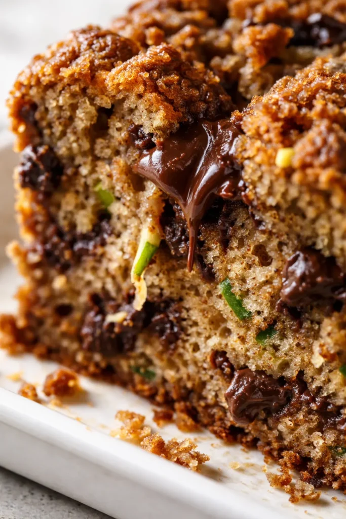 Moist chocolate chip zucchini bread slice on a plate, showing tender crumb and melted chocolate chips