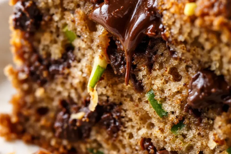 Moist chocolate chip zucchini bread slice on a plate, showing tender crumb and melted chocolate chips