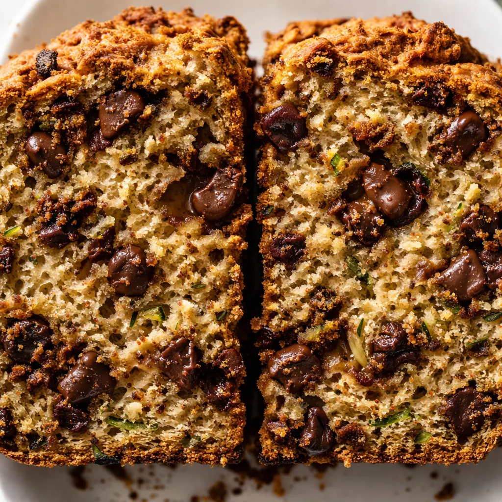Shredded fresh zucchini and chocolate chips mixed into a cinnamon-spiced batter in a single bowl, with green flecks and dark chocolate pieces visible