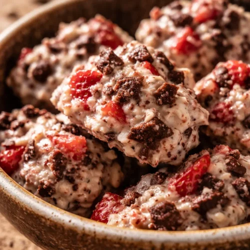 Dark chocolate drizzled over creamy yogurt-coated strawberry clusters on a plate, with a sprinkle of sea salt