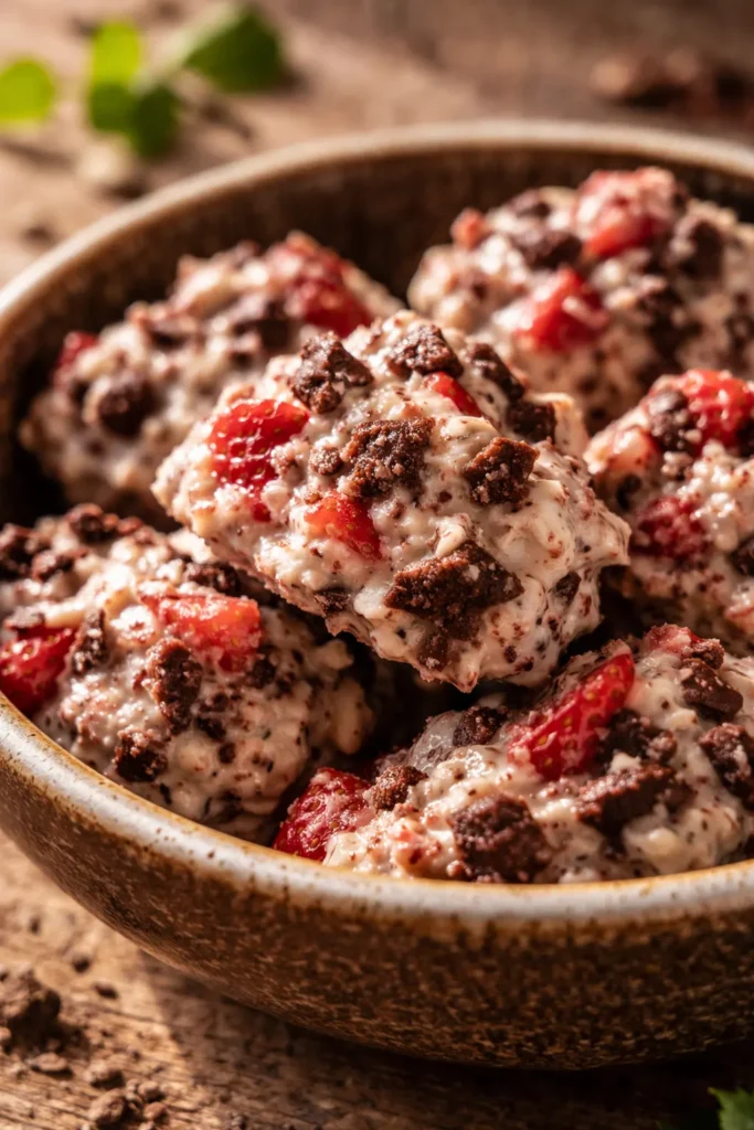 Dark chocolate drizzled over creamy yogurt-coated strawberry clusters on a plate, with a sprinkle of sea salt