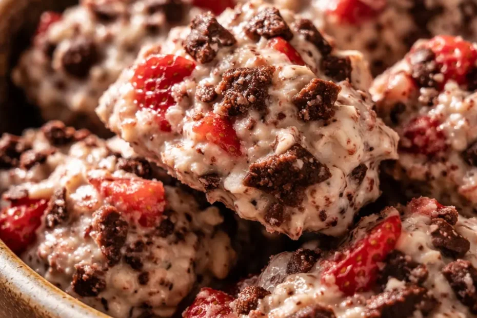 Dark chocolate drizzled over creamy yogurt-coated strawberry clusters on a plate, with a sprinkle of sea salt