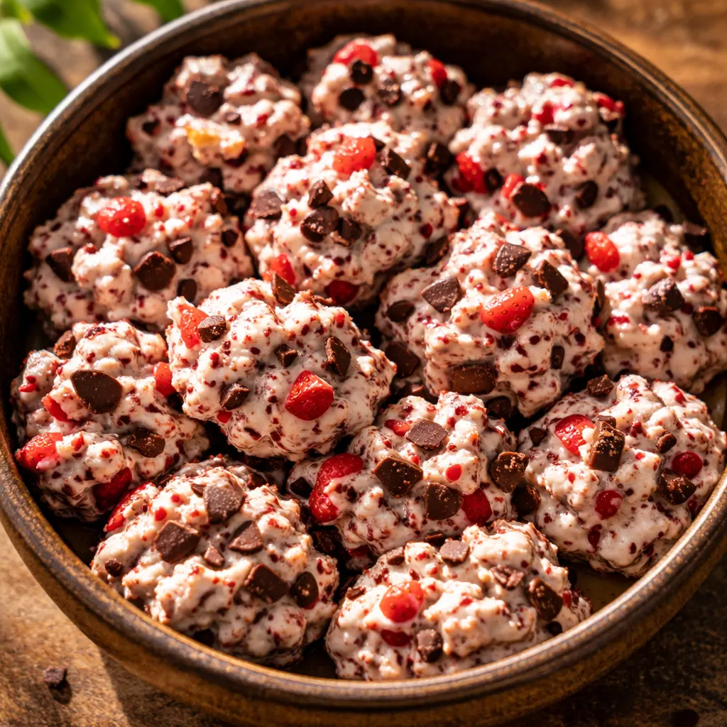 Drizzling melted dark chocolate over frozen yogurt strawberry clusters on a parchment-lined tray, glossy chocolate coating and creamy white yogurt visible