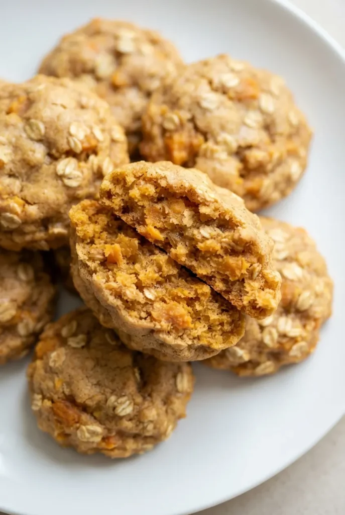 Soft golden cinnamon sweet potato cookies with a tender crumb, resting on a wooden board