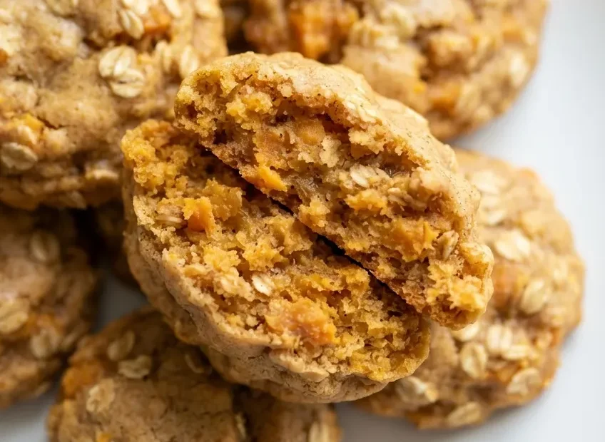 Soft golden cinnamon sweet potato cookies with a tender crumb, resting on a wooden board