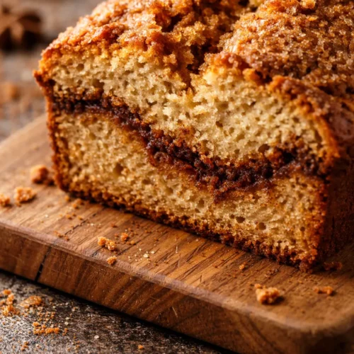 Golden cinnamon swirl loaf cake with a tender crumb and ribbon of brown sugar cinnamon throughout, dusted with powdered sugar