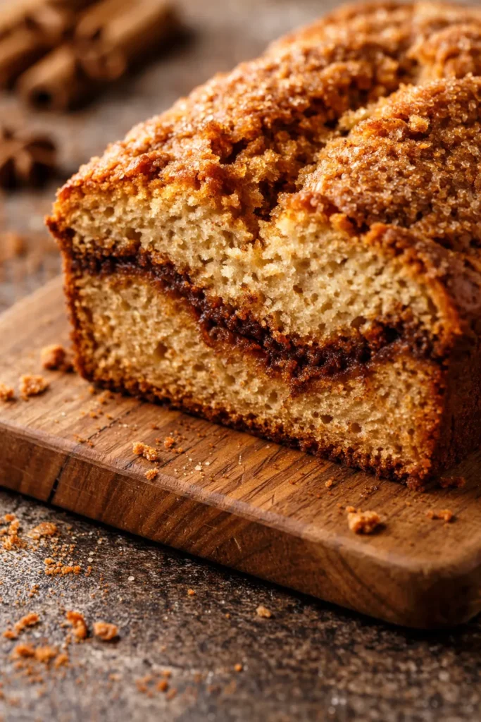 Golden cinnamon swirl loaf cake with a tender crumb and ribbon of brown sugar cinnamon throughout, dusted with powdered sugar
