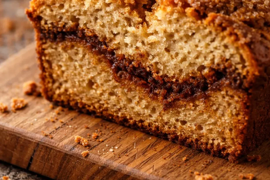 Golden cinnamon swirl loaf cake with a tender crumb and ribbon of brown sugar cinnamon throughout, dusted with powdered sugar