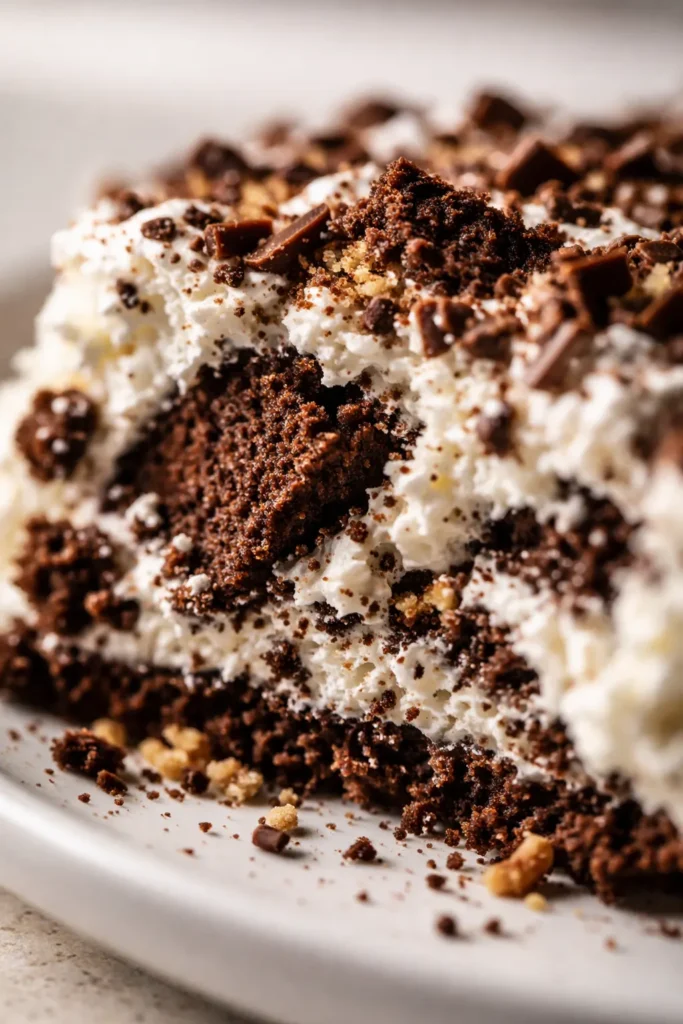 Sliced classic icebox cake showing layers of chocolate wafers and whipped cream, creamy texture