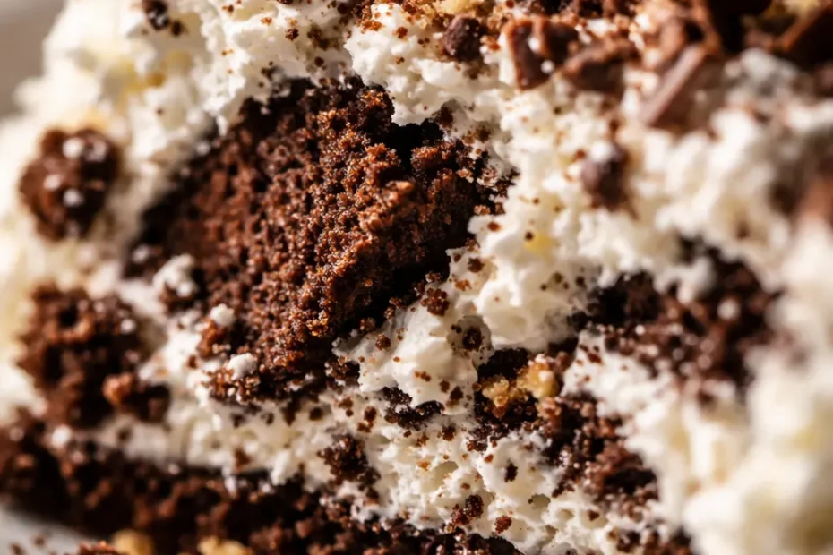 Sliced classic icebox cake showing layers of chocolate wafers and whipped cream, creamy texture
