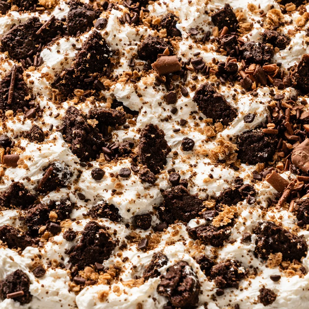 Layers of chocolate wafer cookies and fluffy whipped cream stacked for a classic icebox cake, showing creamy texture and dark wafer contrast