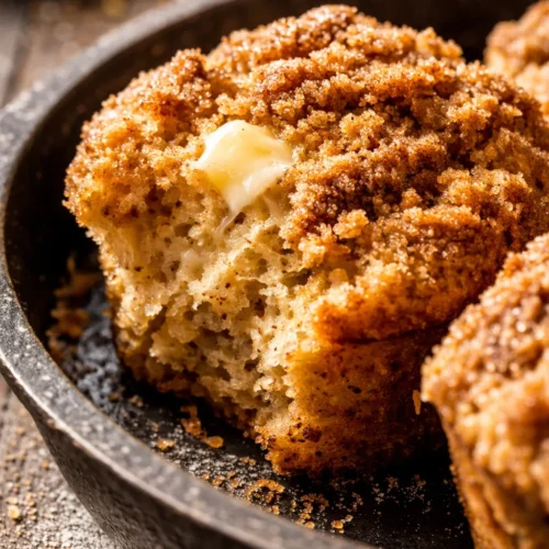 Tender coffee cake muffins with cinnamon streusel topping, golden brown and bakery-style, on a rustic plate
