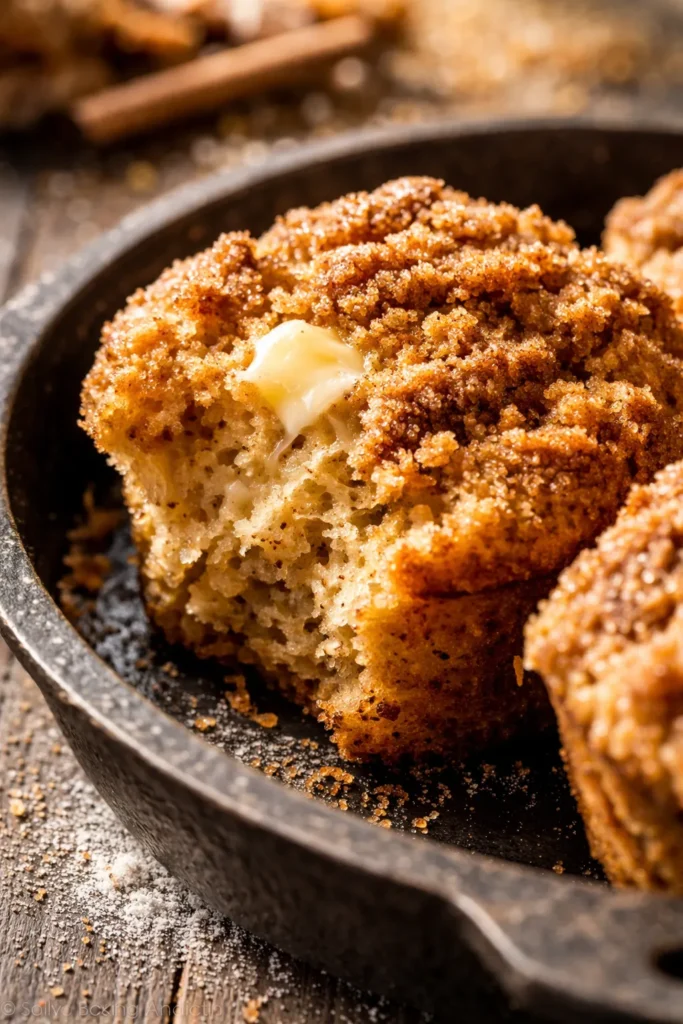 Tender coffee cake muffins with cinnamon streusel topping, golden brown and bakery-style, on a rustic plate