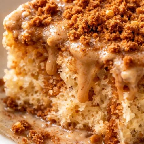 Rich cookie butter tres leches cake slice with creamy soaked sponge and crumbly Biscoff topping on a white plate