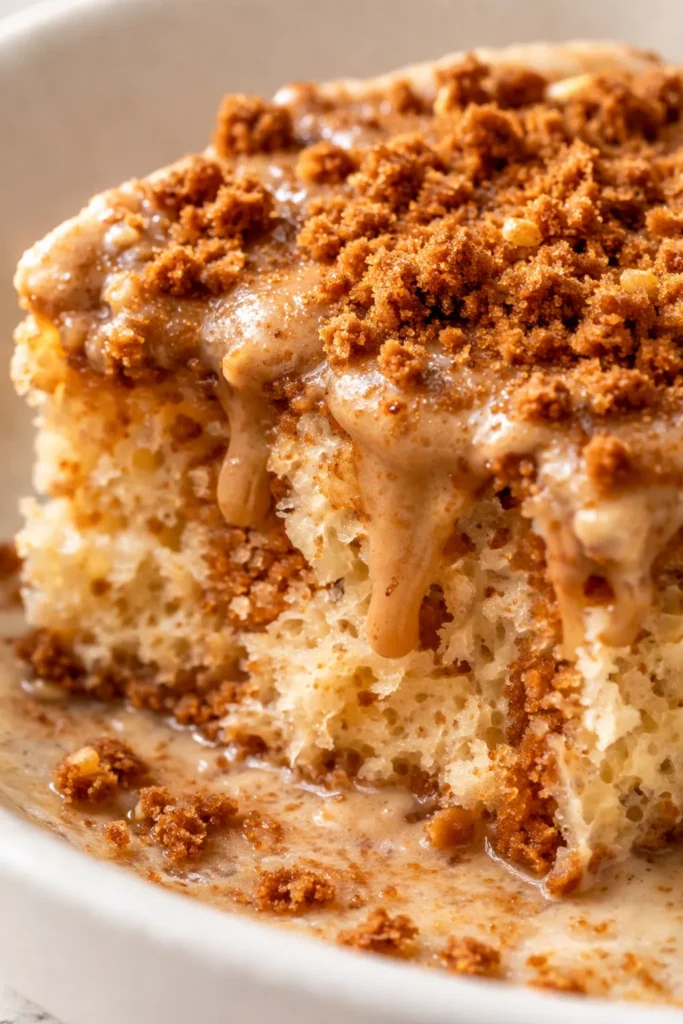 Rich cookie butter tres leches cake slice with creamy soaked sponge and crumbly Biscoff topping on a white plate