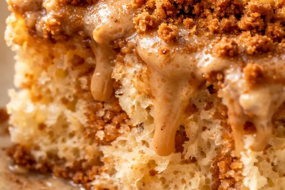 Rich cookie butter tres leches cake slice with creamy soaked sponge and crumbly Biscoff topping on a white plate