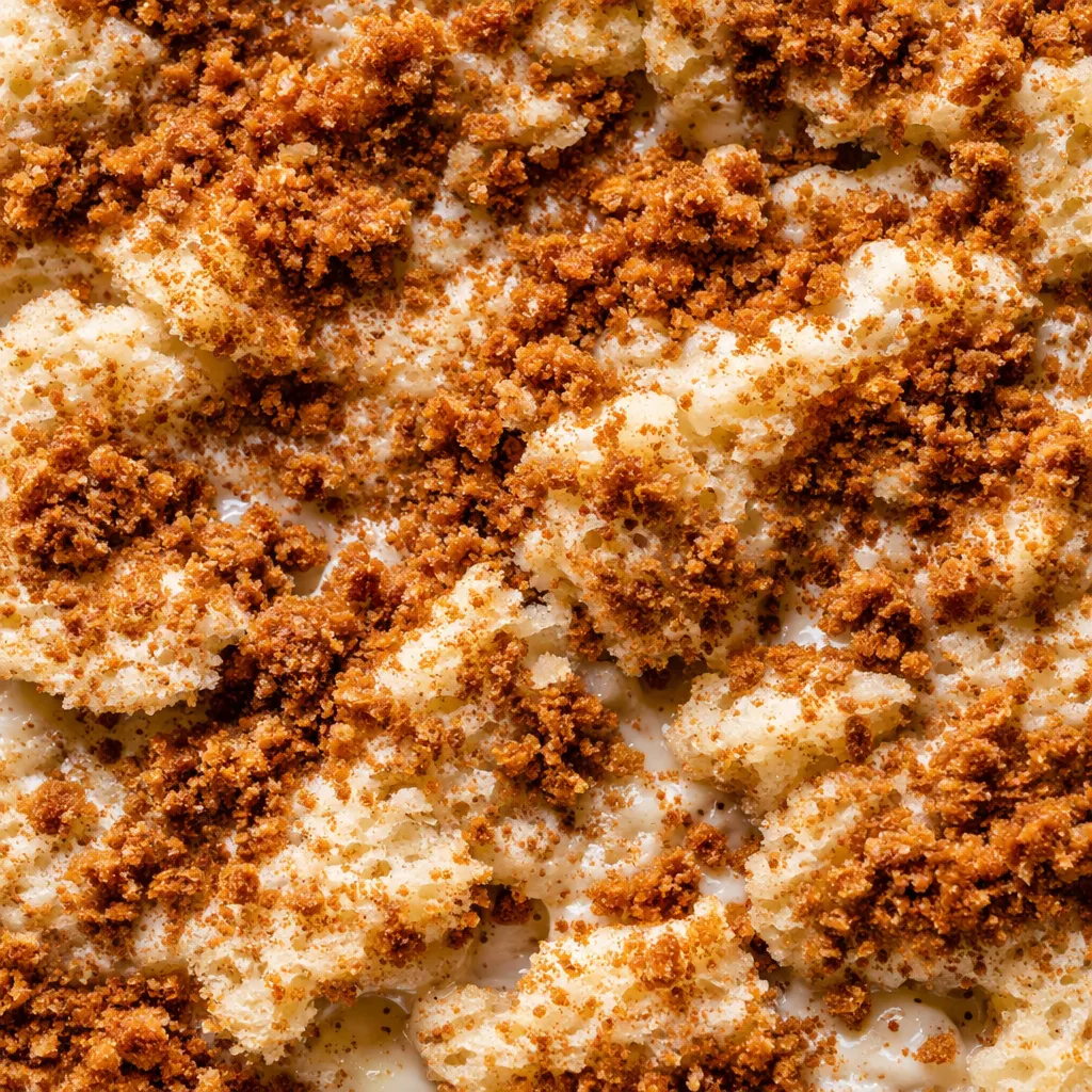 Pouring creamy condensed milk mixture over baked Biscoff cookie butter tres leches cake with visible cookie crumbs