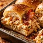 Golden brown slider buns filled with creamy crack chicken, melted cheddar, and crispy bacon bits