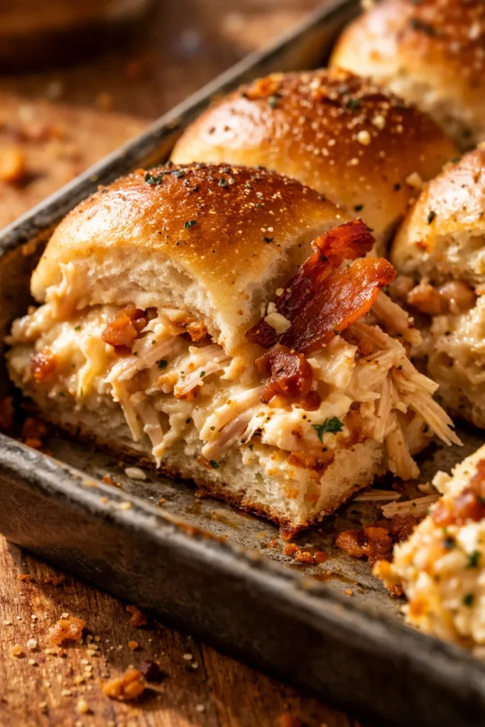 Golden brown slider buns filled with creamy crack chicken, melted cheddar, and crispy bacon bits