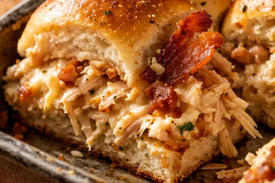 Golden brown slider buns filled with creamy crack chicken, melted cheddar, and crispy bacon bits