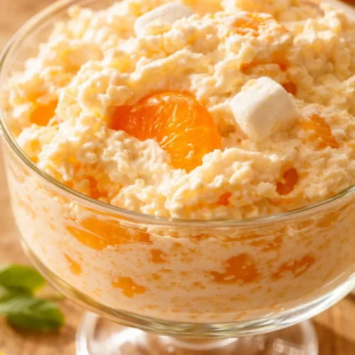 Creamy mandarin orange jello salad in a glass bowl showing fluffy orange texture, mandarin segments, and mini marshmallows