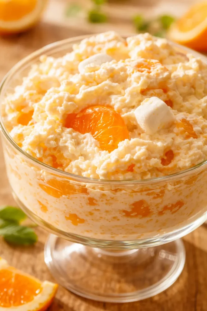 Creamy mandarin orange jello salad in a glass bowl showing fluffy orange texture, mandarin segments, and mini marshmallows