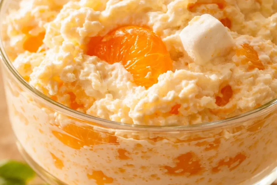 Creamy mandarin orange jello salad in a glass bowl showing fluffy orange texture, mandarin segments, and mini marshmallows