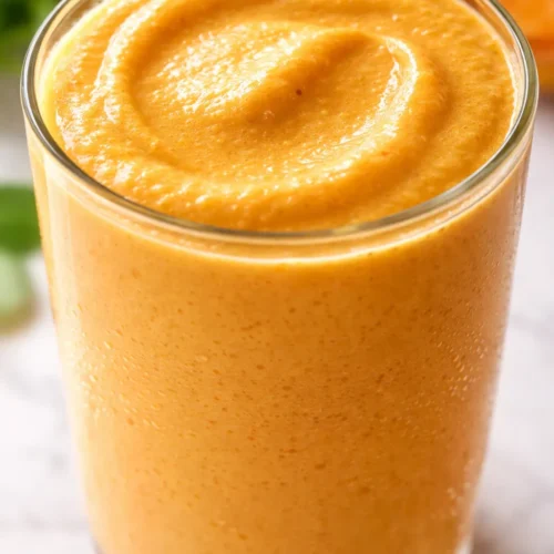 Creamy orange pumpkin protein shake in a tall glass with whipped cream, cinnamon sprinkle, and cinnamon stick garnish.