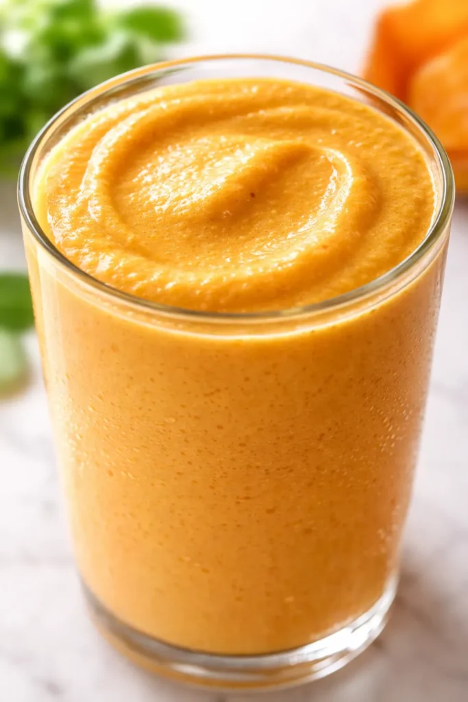 Creamy orange pumpkin protein shake in a tall glass with whipped cream, cinnamon sprinkle, and cinnamon stick garnish.