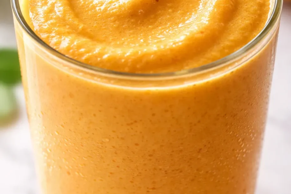 Creamy orange pumpkin protein shake in a tall glass with whipped cream, cinnamon sprinkle, and cinnamon stick garnish.