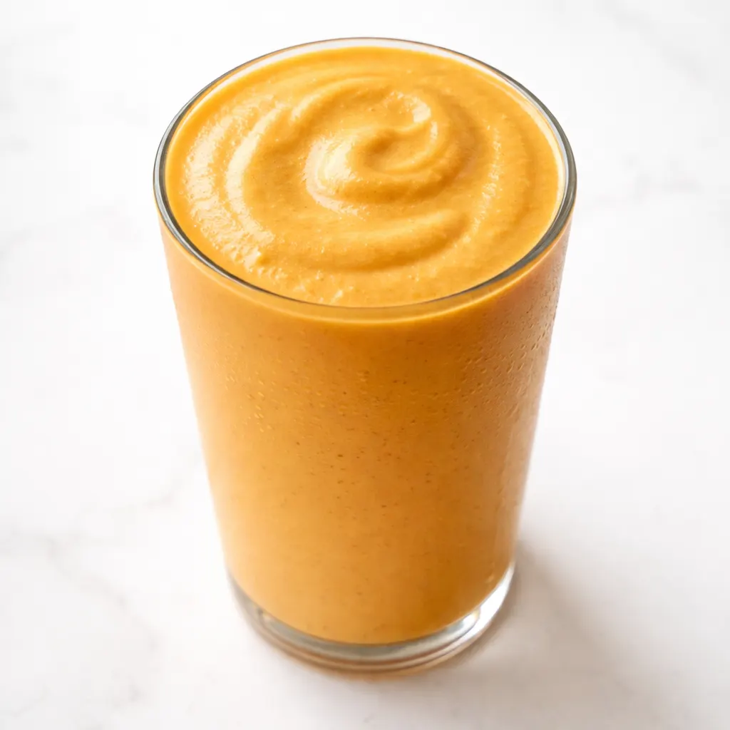 Pouring blended pumpkin protein shake into a glass, creamy orange texture with a dusting of cinnamon on top.