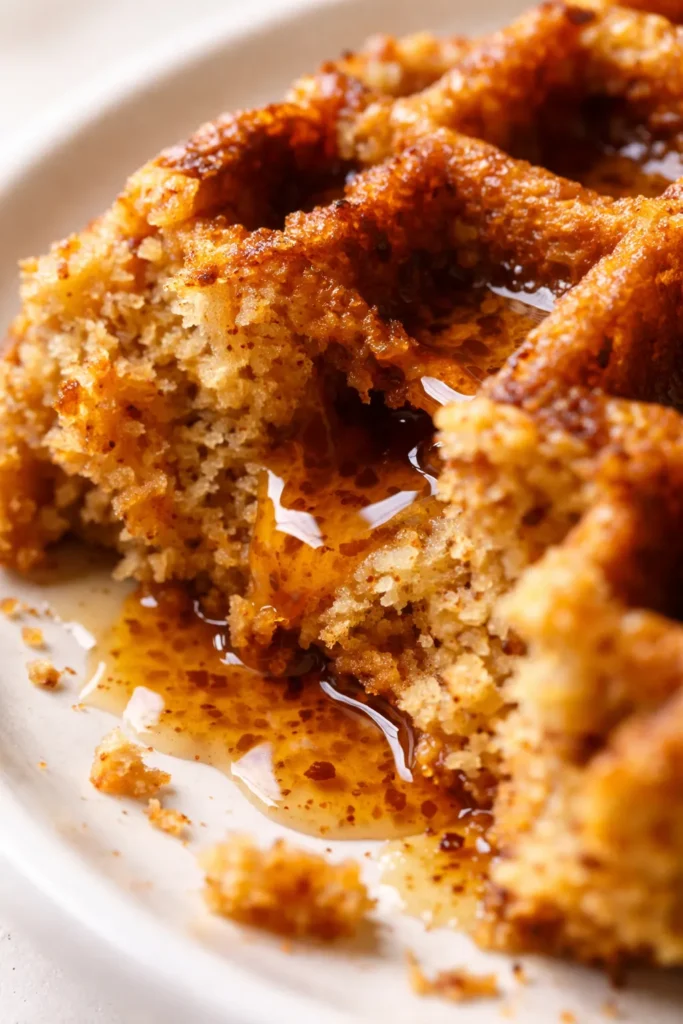 Golden brown crispy gluten-free pumpkin waffles made with almond flour, topped with butter and maple syrup on a white plate