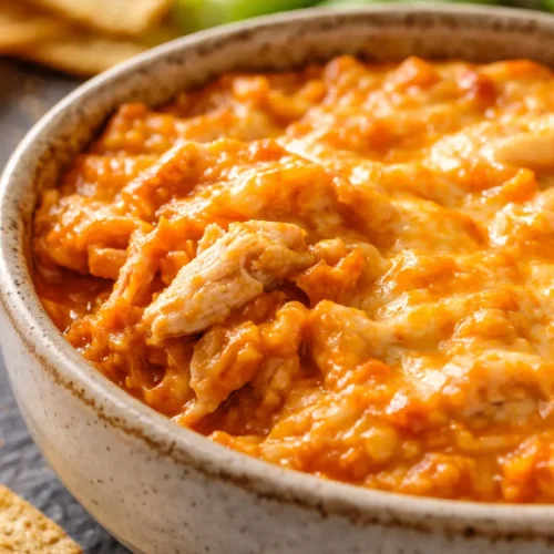 Creamy crockpot buffalo chicken dip in a slow cooker with tortilla chips and carrot sticks, golden and bubbly