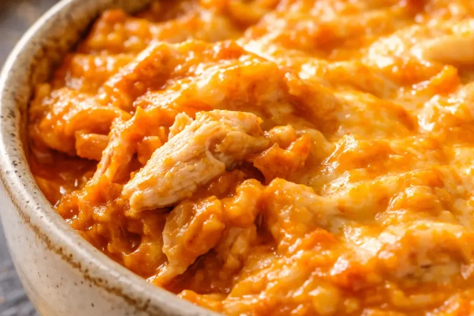 Creamy crockpot buffalo chicken dip in a slow cooker with tortilla chips and carrot sticks, golden and bubbly