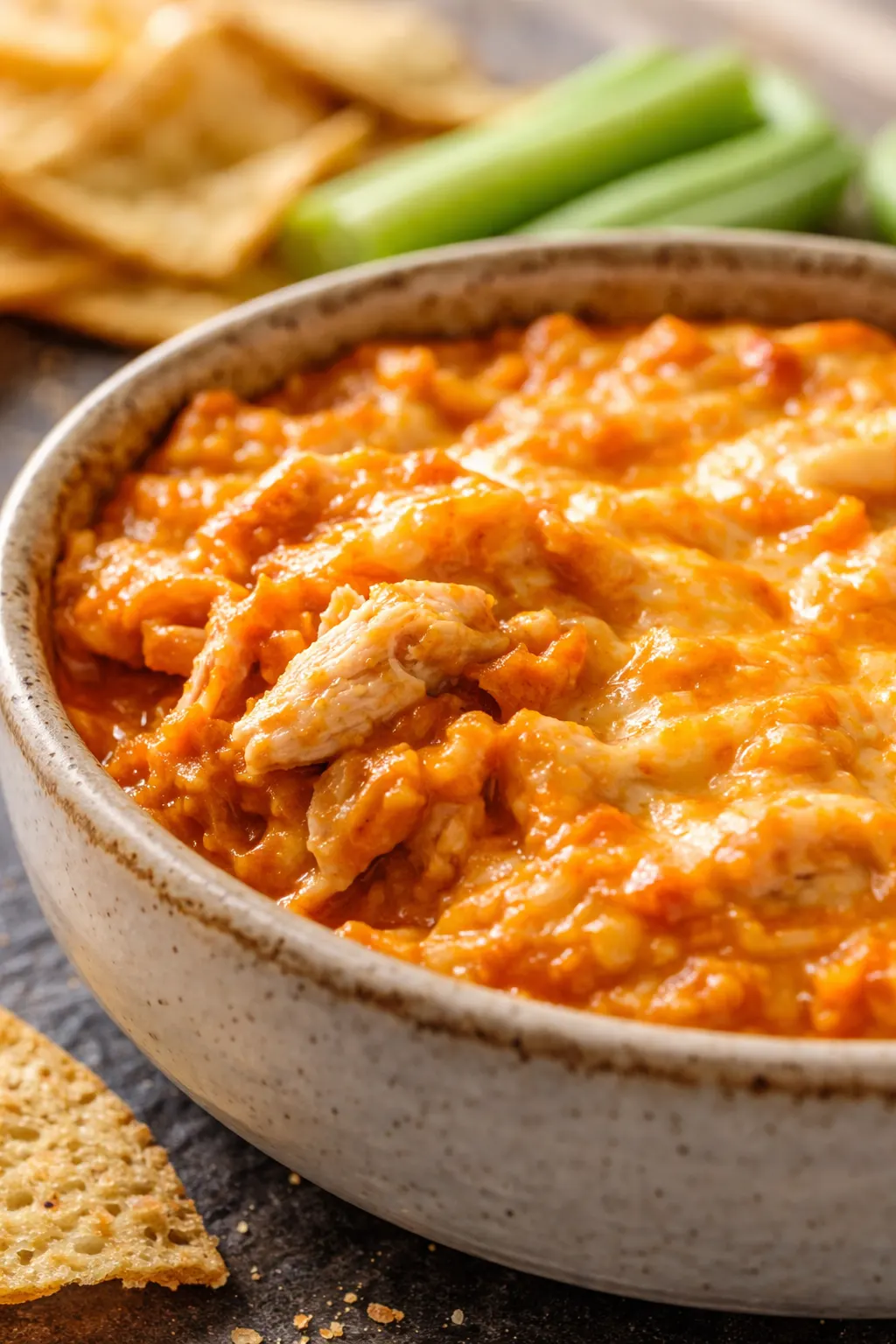Creamy crockpot buffalo chicken dip in a slow cooker with tortilla chips and carrot sticks, golden and bubbly