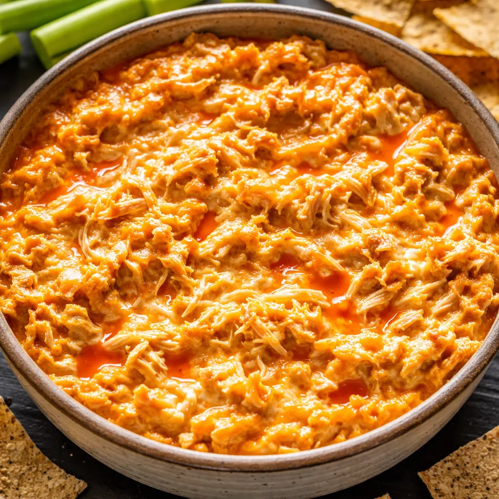 Creamy crockpot buffalo chicken dip with melted cheese and a spoon lifting the dip showing a smooth, tangy texture