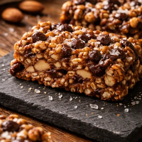 Dark chocolate sea salt nut bars on parchment paper, showing crunchy nuts and puffed rice with a glossy chocolate topping and flaky sea salt