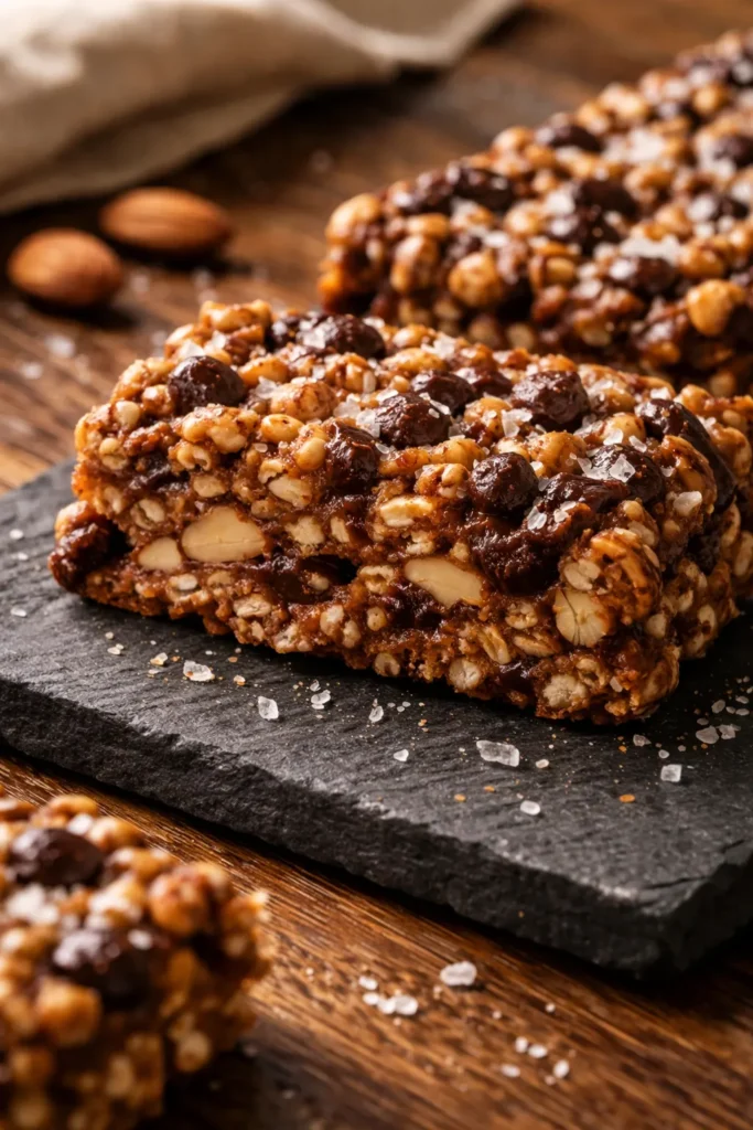 Dark chocolate sea salt nut bars on parchment paper, showing crunchy nuts and puffed rice with a glossy chocolate topping and flaky sea salt