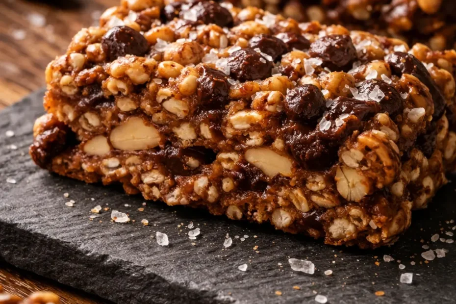 Dark chocolate sea salt nut bars on parchment paper, showing crunchy nuts and puffed rice with a glossy chocolate topping and flaky sea salt