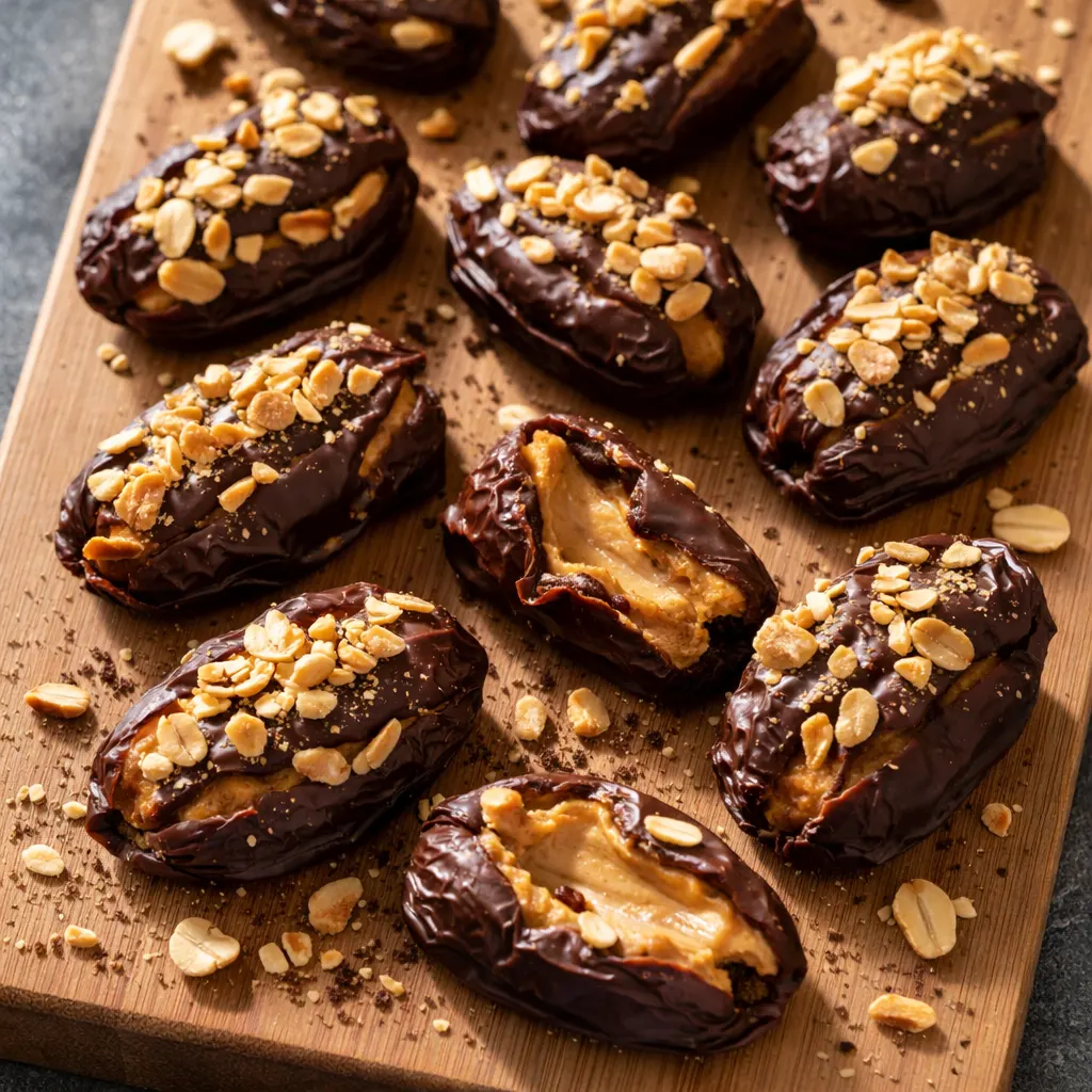 Melty dark chocolate drizzled over medjool dates stuffed with peanut butter and peanuts, showing glossy texture