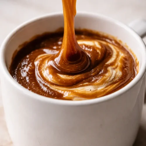Rich amber pumpkin marshmallow coffee syrup in a glass jar, warm and creamy with cinnamon and fall spices