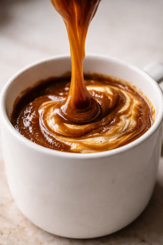 Rich amber pumpkin marshmallow coffee syrup in a glass jar, warm and creamy with cinnamon and fall spices