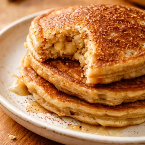 Tall stack of golden brown fluffy banana pancakes with butter melting on top and maple syrup dripping down